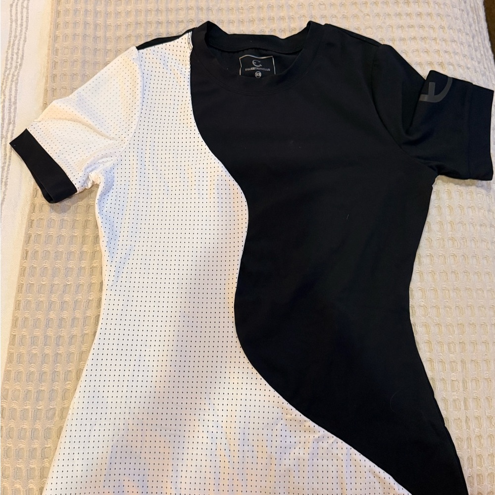 Black and White Women's equestrian club, short sleeve horseback riding shirt.